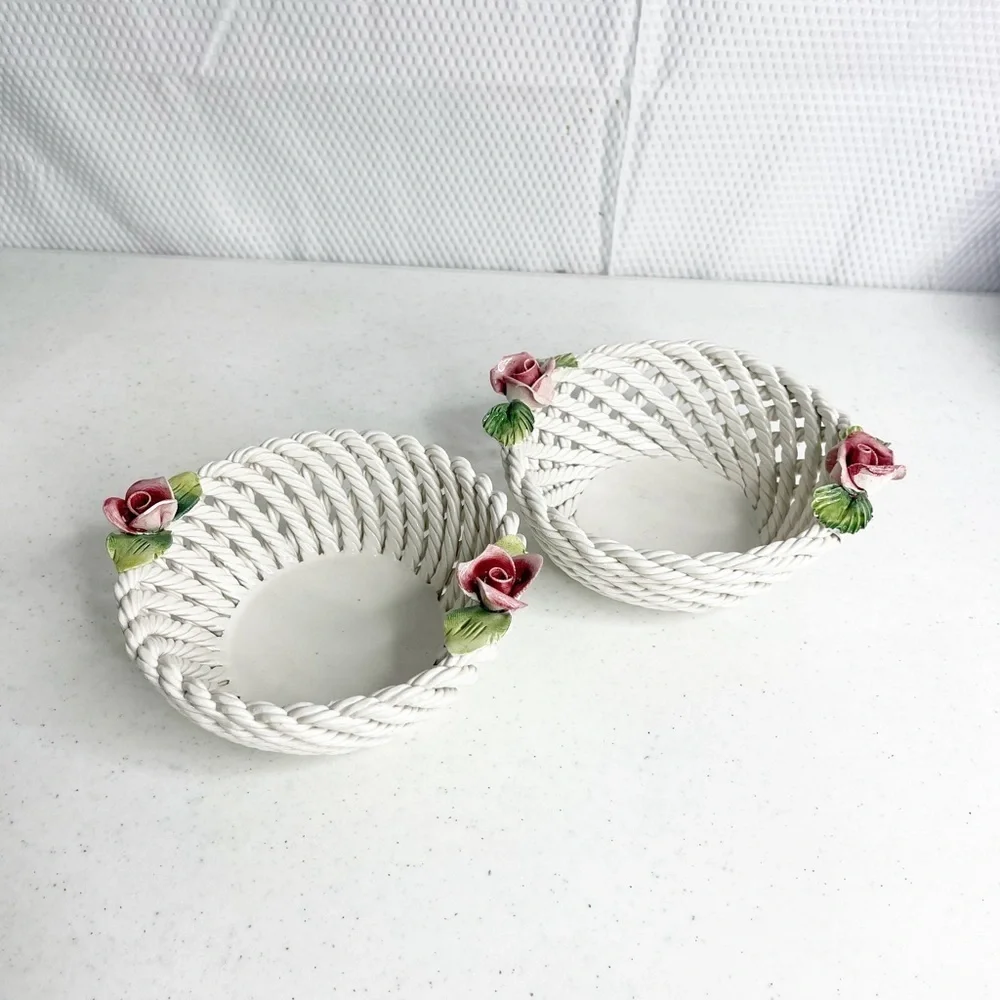 Made in Italy Italian 2 small porcelain woven baskets with flowers atop baskets